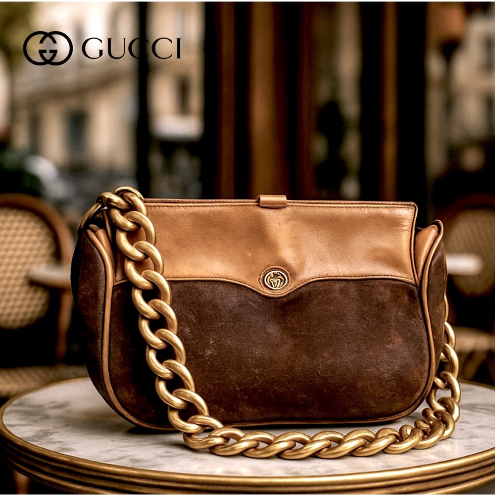 Authentic Gucci Vintage, Chocolate rugged textured, Caramel Leather Gold Chain - Picture 10 of 10